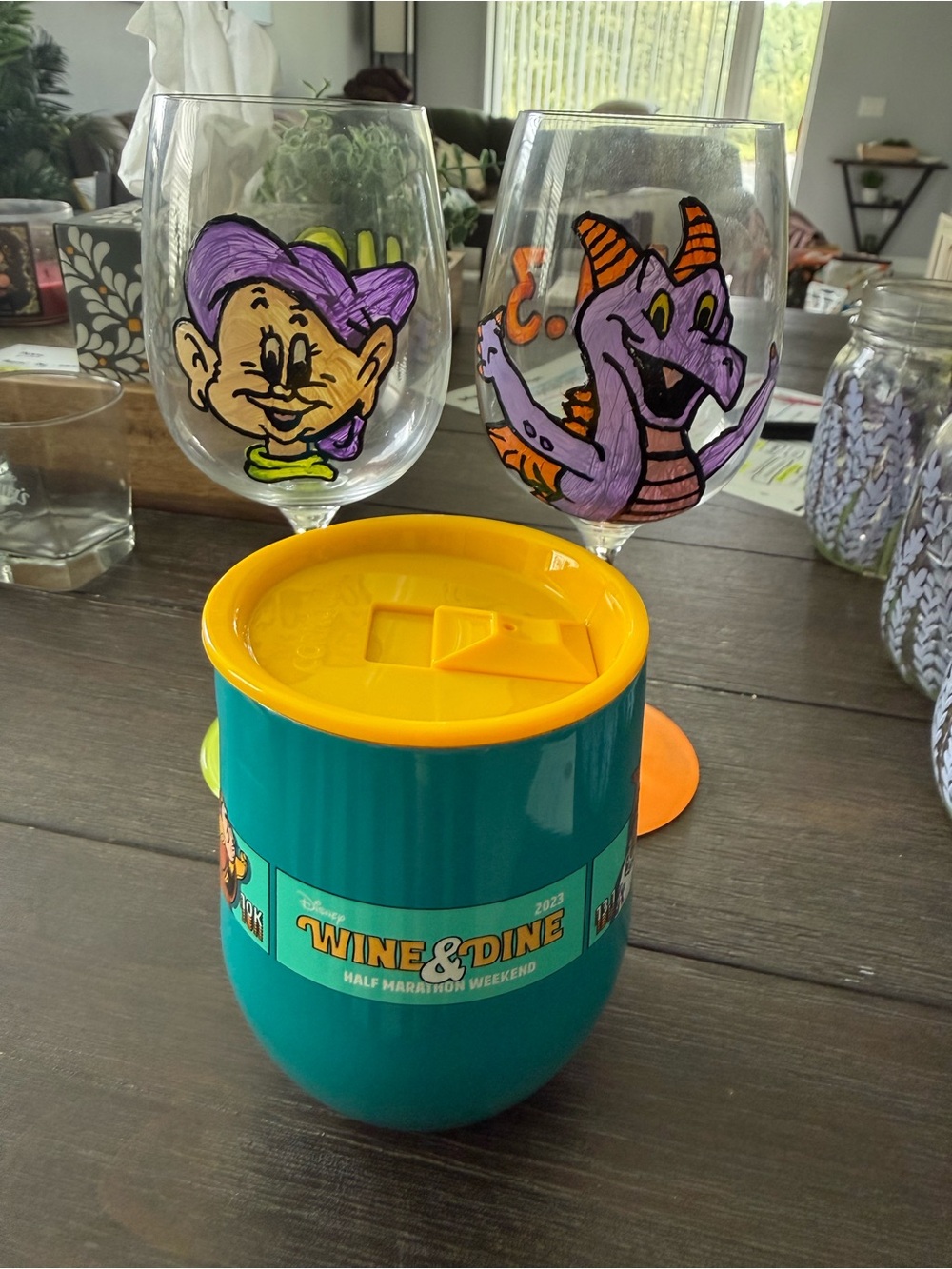 Hand painted dopey and figment wine glass + Wine & Dine Corkcicle